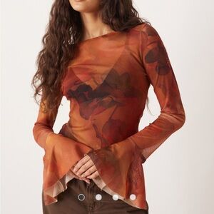 NWT ASOS DESIGN sheer mesh flare sleeve top in rust floral print